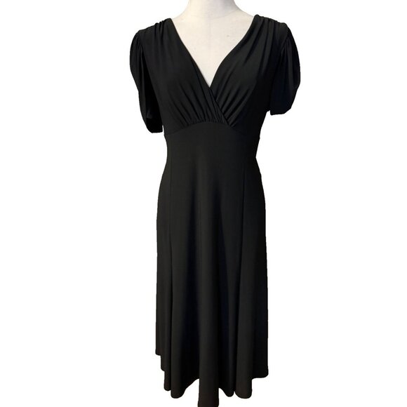 Jones NY Black Midi Dress 16 A Line Jersey Stretch Short Ruched Sleeve NEW - Picture 1 of 13